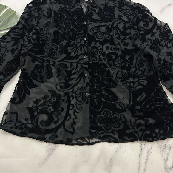 Vision Womens Vintage Y2k Velvet Floral Blouse Top Size L Black Sheer Ruffle - Picture 5 of 11